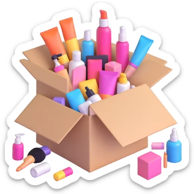 an opened box with assorted beauty items sticker
