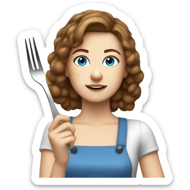 White girl Brown hair blue eyes freackles eating Tofu salad with fork sticker