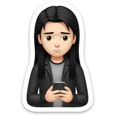 a PRETTY BRATZ boy with black long hair , using his phone and looking sad sticker