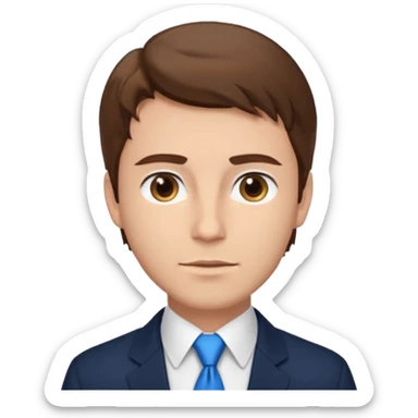 un homme type caucasien brun avec des jolies traits avec une chemise blanche et une veste a manche longues et cravate bleu il a les yeux marron sticker