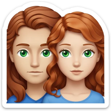 Нарисуй девушку и парня вместе, девушка со светлой кожей, шатенка с волнистыми волосами до лопаток, волосы слегка отдают в красный цвет, глаза цвета кожуры киви; парень в черной футболке со светлой кожей, волосы русые до плеч, голубые глаза sticker