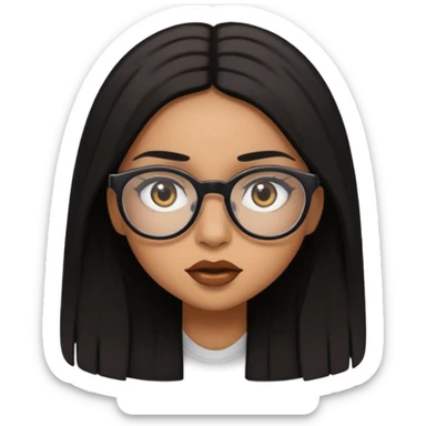 a light skinned brown girl with black straight long hair with long lashes and with glasses and mad sticker