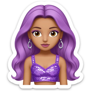 Yasmin from Bratz with long light brown hair, tan skin, brown eyes, lilac sequin crop top sticker