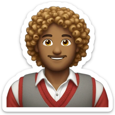 curly hair guy with a red and white sweater vest on him  sticker
