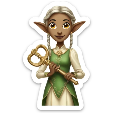 an elf woman login holding a big key sticker