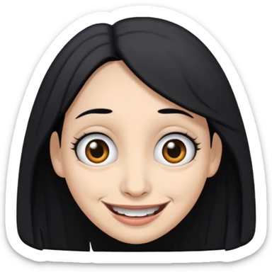 woman with gray skin and black hair and a creepy face with white eyes and a droopy smile sticker