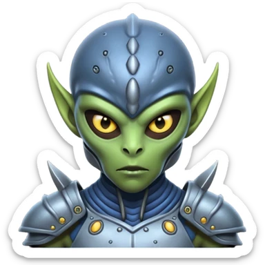Portrait of a warrior alien with armored skin, glowing scars, sharp features, piercing eyes, and intense expression, front-facing sticker