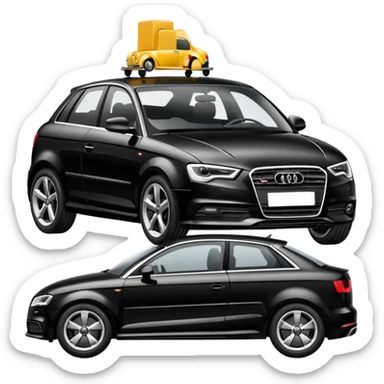 emoji of a black car, model audi a3, being towed by a tow car. profile horizontal view sticker