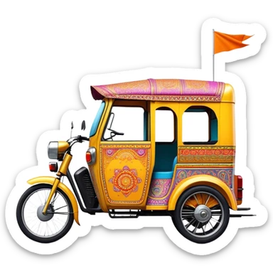 Cinematic Realistic Indian Auto Rickshaw Emoji, depicted as a colorful, bustling auto rickshaw with intricate designs and vibrant hues, rendered with lively textures and dynamic urban lighting that captures its quintessential presence in Indian cities. sticker