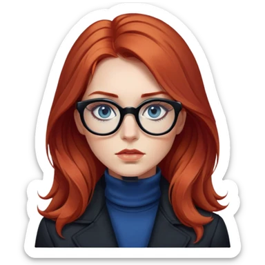 Nữ 25 tuổi, da trắng, tóc dài xoăn nhẹ màu đỏ, gọng kính màu đen, mắt kính màu xanh dương, mặt nghiêm túc, lông mi dài, trang điểm khá đậm, áo khoác cổ cao màu đen, áo trong màu trắng, mặt ngầu sticker