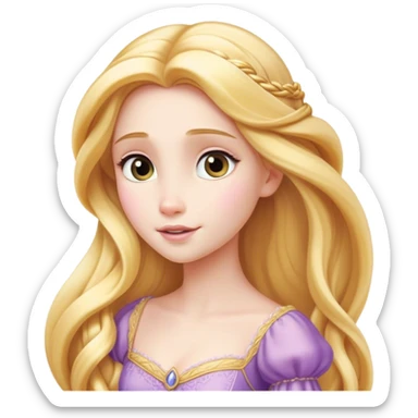 Cinematic Timeless Rapunzel Portrait Emoji, rendered in a clean, vector style. Depict Rapunzel with porcelain skin, beautifully styled long golden hair, and a serene, graceful expression, dressed in her classic gown. The design features bold, clean lines, a soft, magical glow, and a subtle glowing outline that captures her timeless, fairy-tale beauty. sticker