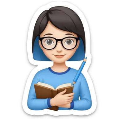 A smart and cute girl with short hair, wearing sky blue clothes,
I hold a book in one arm. There is a pen in the book.
He is wearing black-rimmed glasses and smiling brightly. sticker
