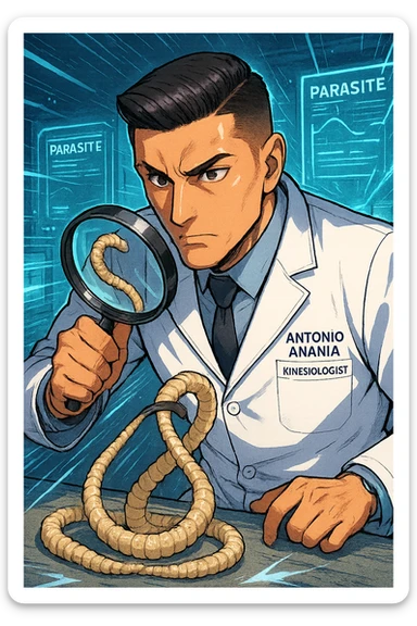 A dynamic manga/webtoon-style illustration of a young male kinesiologist wearing a clean white lab coat, analyzing light beige worms like a tapeworm under a magnifying glass. His expression is focused and slightly intrigued, with sharp, detailed eyes. The art style is vibrant, with bold linework, rich colors, and dramatic lighting. The background is a futuristic laboratory with glowing holographic screens displaying parasite data. The tapeworm is intricately drawn, slimy and segmented, with a slightly exaggerated yet realistic texture. The composition is dynamic, with motion lines or energy effects to emphasize his scientific investigation. The atmosphere is intense but not dark, keeping a balance between scientific seriousness and stylish manga aesthetics, he has "ANTONIO ANANIA" WRITTEN ON WHITE LAB COAT sticker