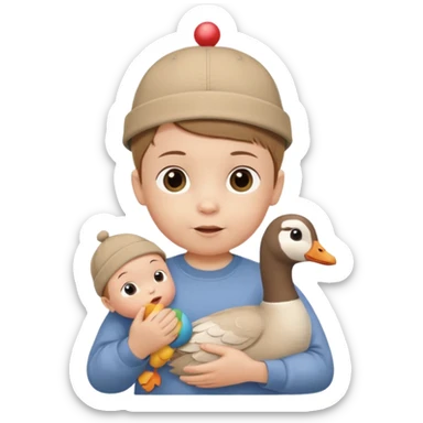 White-skinned baby, brown short hair, in a cap on his head, in a beige shirt, birthday, holding a goose toy in his hands sticker