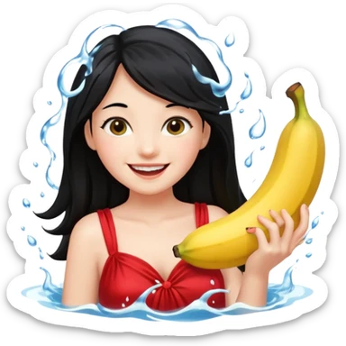 a water splashing banana above a girl with black hair and red dress sticker