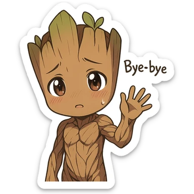 anime style Groot character, cute and shy, saying bye and waving sticker