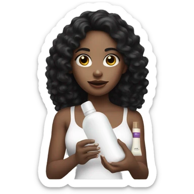 A white skinned  girl with black curly hair holding a lotion sticker