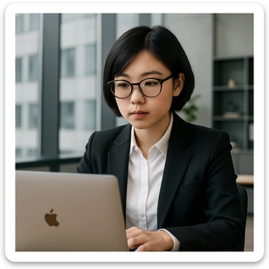 Asian girl with black short hair, wearing glasses, working on a Mac laptop, dressed in a suit, professional setting sticker