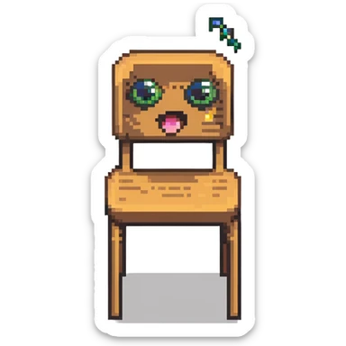 Pixel art of a wooden chair with cartoon eyes flying in the air sticker