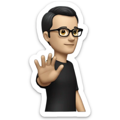 small photo realistic left arm waving Ralf Hutter from Kraftwerk, short straight black hair, Dark Brown eyes, black glasses, thin, black shirt, side view sticker