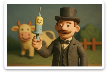 A Victorian doctor holding up a vaccination with a smiling face with a cartoon happy cow in the background sticker