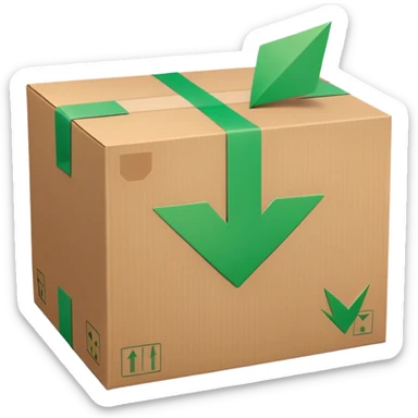 closed package box with a green checkmark and a circular arrow overlay in the upper right sticker