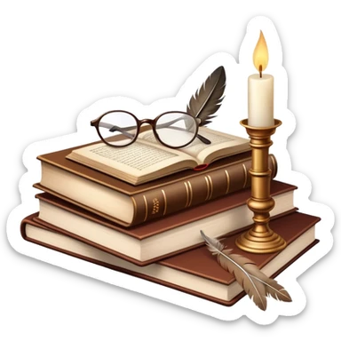 An icon showing an open classic book with elegant pages, a feather quill, and reading glasses resting on top. Behind it, a stack of literary works and a candle evoke deep study and timeless stories. Transparent background highlights the analysis of literature and texts. sticker