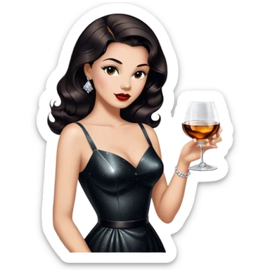 Beautiful woman in 1950’s woman fashion look, black shimmery dress, long dark brown hair, whisky with ice sticker