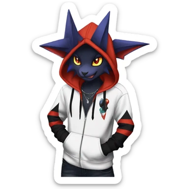 Cool Anthro Black Noivern-Absol-Litten-Pokémon with edgy stripes hoodie spiked collar punk Full Body sticker