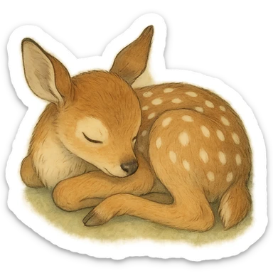 realistic baby fawn curled up sleeping, natural colors, soft, fairy-like atmosphere, no background, square size sticker