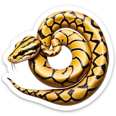 A photo-realistic top-down view of a Ball Python gently coiled into a tight spiral, with its head resting peacefully at the center. Its scales are warm brown with bold, irregular black markings, including the distinctive “alien-head” pattern, flowing smoothly along its body.  sticker