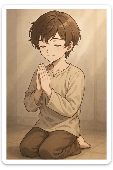 boykisser character kneeling in prayer, eyes closed, gentle smile sticker