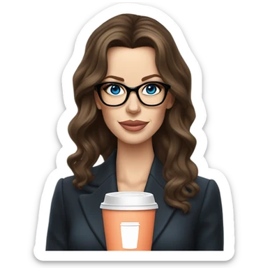 Realistic Kate Beckinsale blue eyes wearing glasses in a business dress drinking coffee peach lipstick  sticker