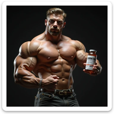 realistic bodybuilder in competition pose holding a vial with a label reading 'CARNITINA' in large block letters, 4k quality sticker