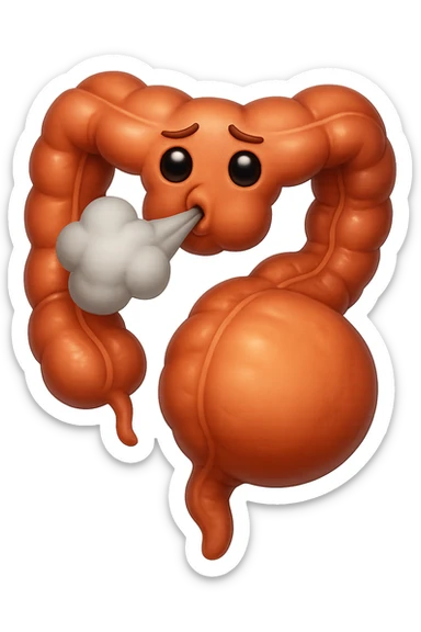 emoji stile iphone di un intestino che ingoia una nuvoletta di aria ben visibile e gli si gonfia la pancia, non fargli il naso, iperrealistico 4k sticker