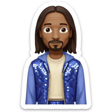 Snoop Dogg with long dark brown hair, periwinkle sequin crop top, cream sequin baggy pants sticker