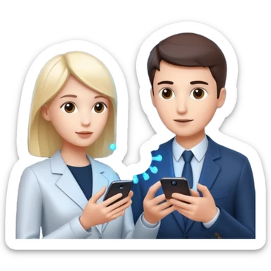Generate a realistic emoji of a two people using a phone which shows artificial intelligence. Out of the phone is coming 3d ideas and electric symbols  sticker
