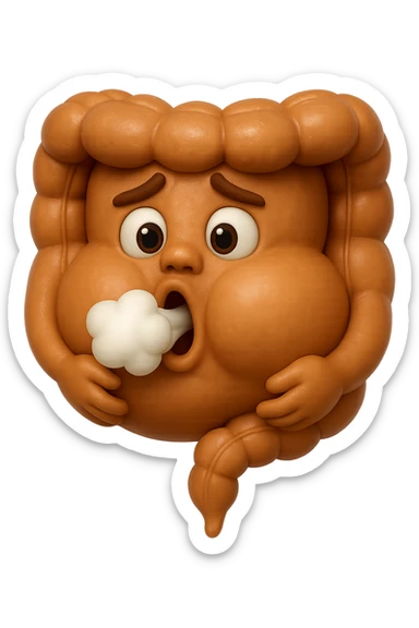 emoji stile iphone di un intestino che ingoia una nuvoletta di aria ben visibile e gli si gonfia la pancia, iperrealistico 4k sticker