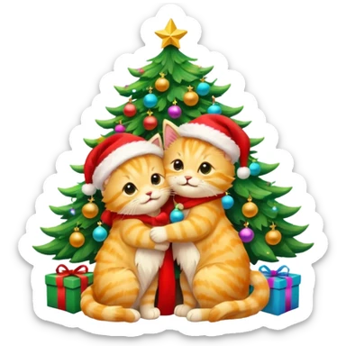 2 cute hugging golden fluffy kittens with Santa hats by a colorful multicolored brightly lit up Christmas tree sticker