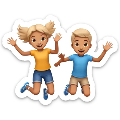 two children jumping together, happy and playful, motion blur sticker