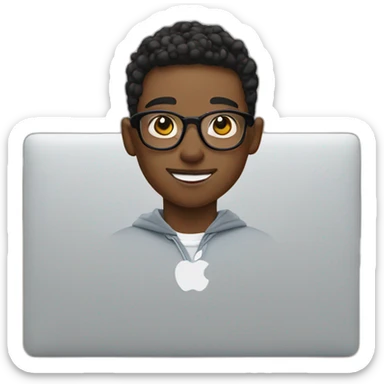 boy with transparent specs wearing airpods in front of macbook sticker