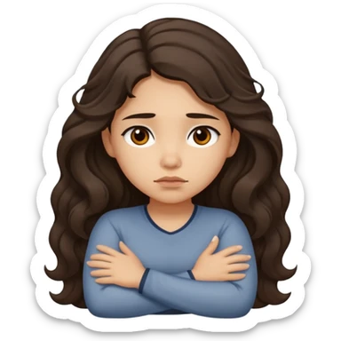 Hispanic light tan girl with long dark wavy hair crossing her arms under arm pit and slightly pouting sticker