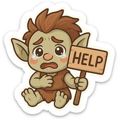 animated emoji of a troll holding a help sign, desperate expression, cute and approachable sticker