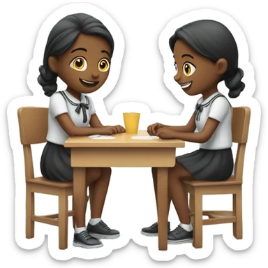 Two schoolgirl at the table are playing sticker