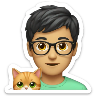 Boy with green eyes, glasses, with black short hair, with orange Persian cat sticker