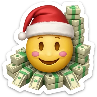 A festive 3D emoji style yellow smiley face wearing a Santa hat, surrounded by stacks of cash and dollar bills, joyful expression, Christmas and New Year theme, high quality, clean design, studio lighting, no text, no background, isolated object, transparent background, emojis.com style sticker