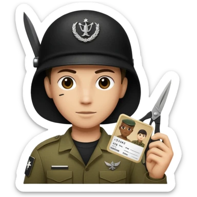 Floating black Scissors cutting in half an idf soldier ID card with a little chip in 2 parts sticker