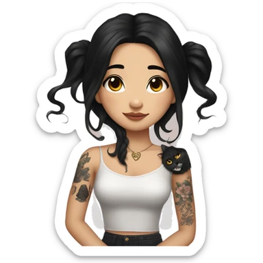 beautiful girl, with arm tattoos, with long black hair, wavy hair, chinese, with black cat sticker