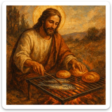 Jésus faisant un barbecue avec du pain et des poissons, inspiré de Jean 21, ambiance chaleureuse, scène biblique en plein air, illustration expressive sticker