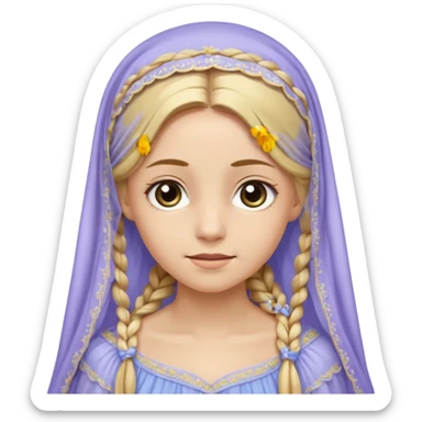 
mujer, Joven, de 25 aspecto dulce y elegante.
Piel clara, ojos grandes y expresivos, sonrisa triste.
Rubio o castaño claro, largo, con trenzas o velo.
Vestido largo cubriendole los zapatos, çde tonos suaves (blanco, azul o lavanda), con bordados dorados; toca fina cubriendo la cabeza. sticker